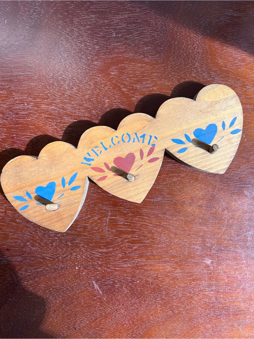 Wooden Heart Wall Hook Trio - Welcome Design in Blue and Pink